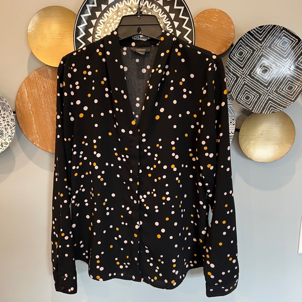 Halogen Womens XS Black Polka Dot V-Neck Long Sleeve Blouse HA408379MI